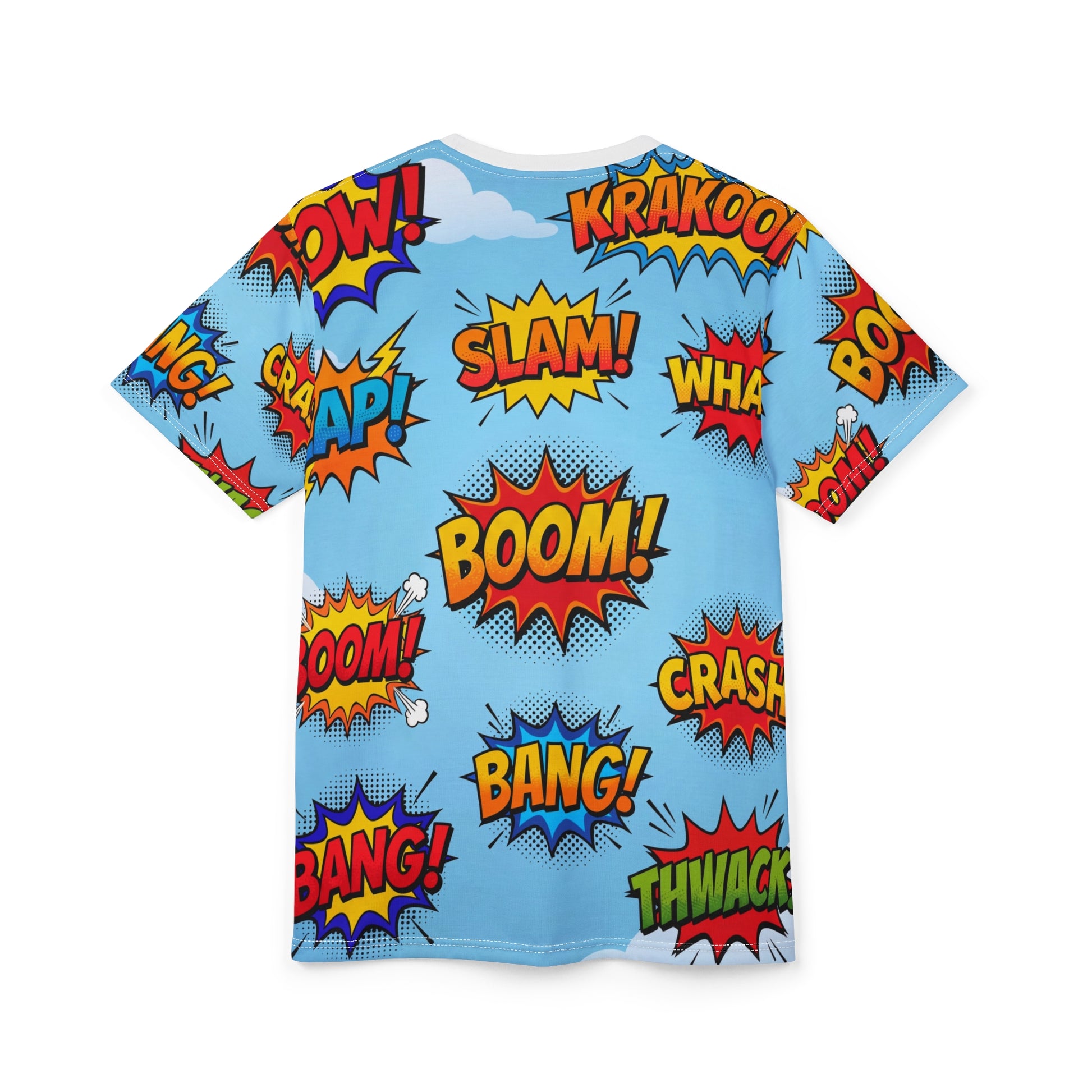 Rear view of the custom all-over print t-shirt showing a vibrant comic-style background. A high-quality bespoke gift designed for the devoted parent showing-off their non-human family.