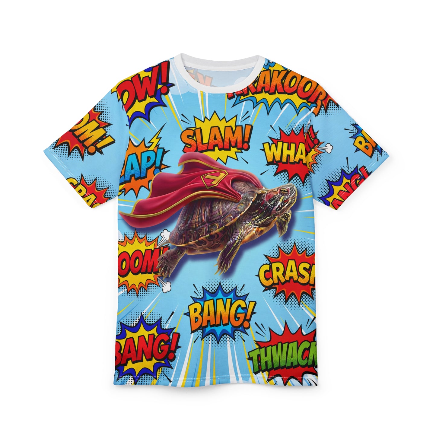 Unisex all-over print t-shirt featuring an example bespoke superhero scene with a turtle. Available in sizes S to 3XL, we transform your photos into unique art for the proud parent.
