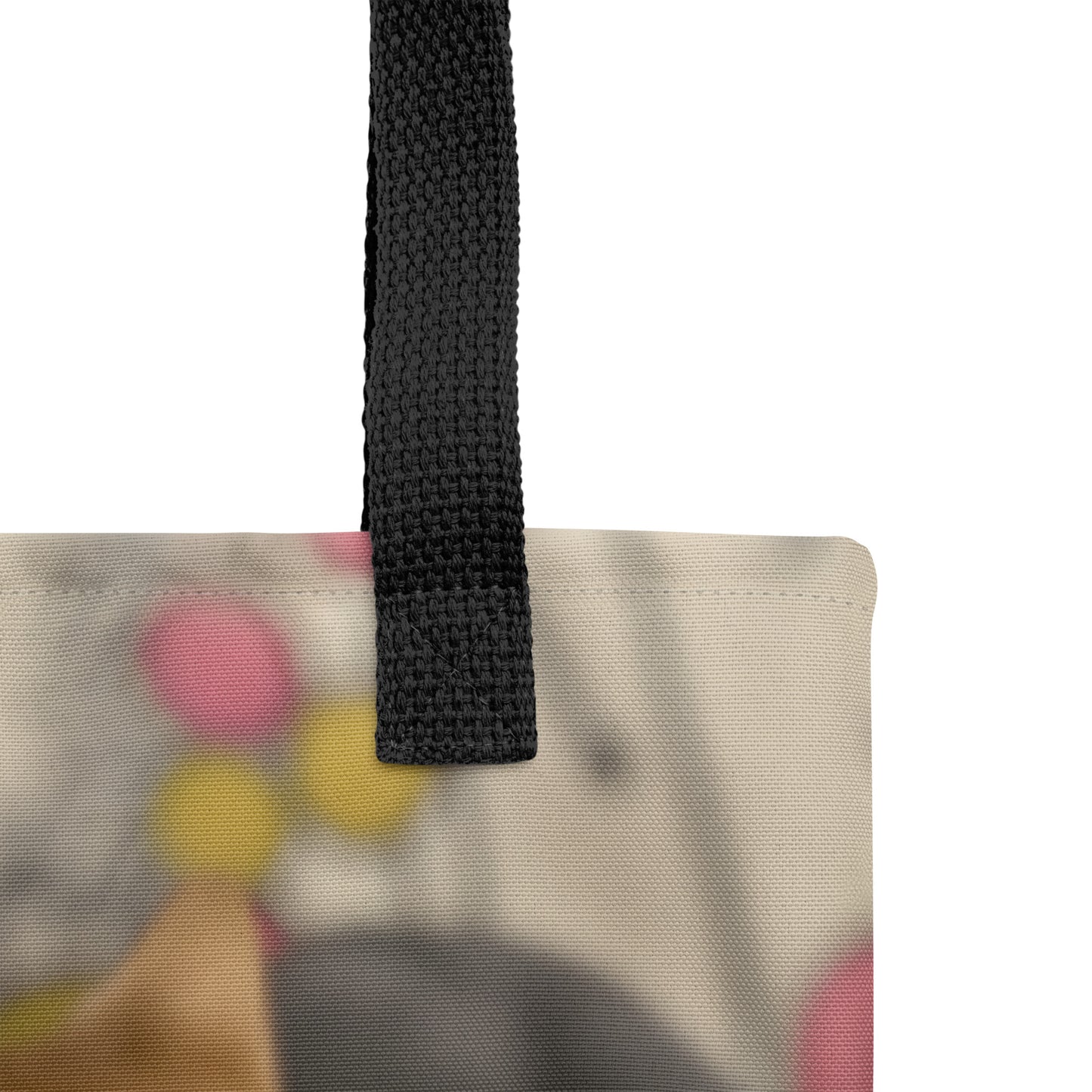Close-up detail of the durable black strap and high-quality printing on the bespoke tote bag. Crafted with care for the proud pet parent of their cherished non-human family.