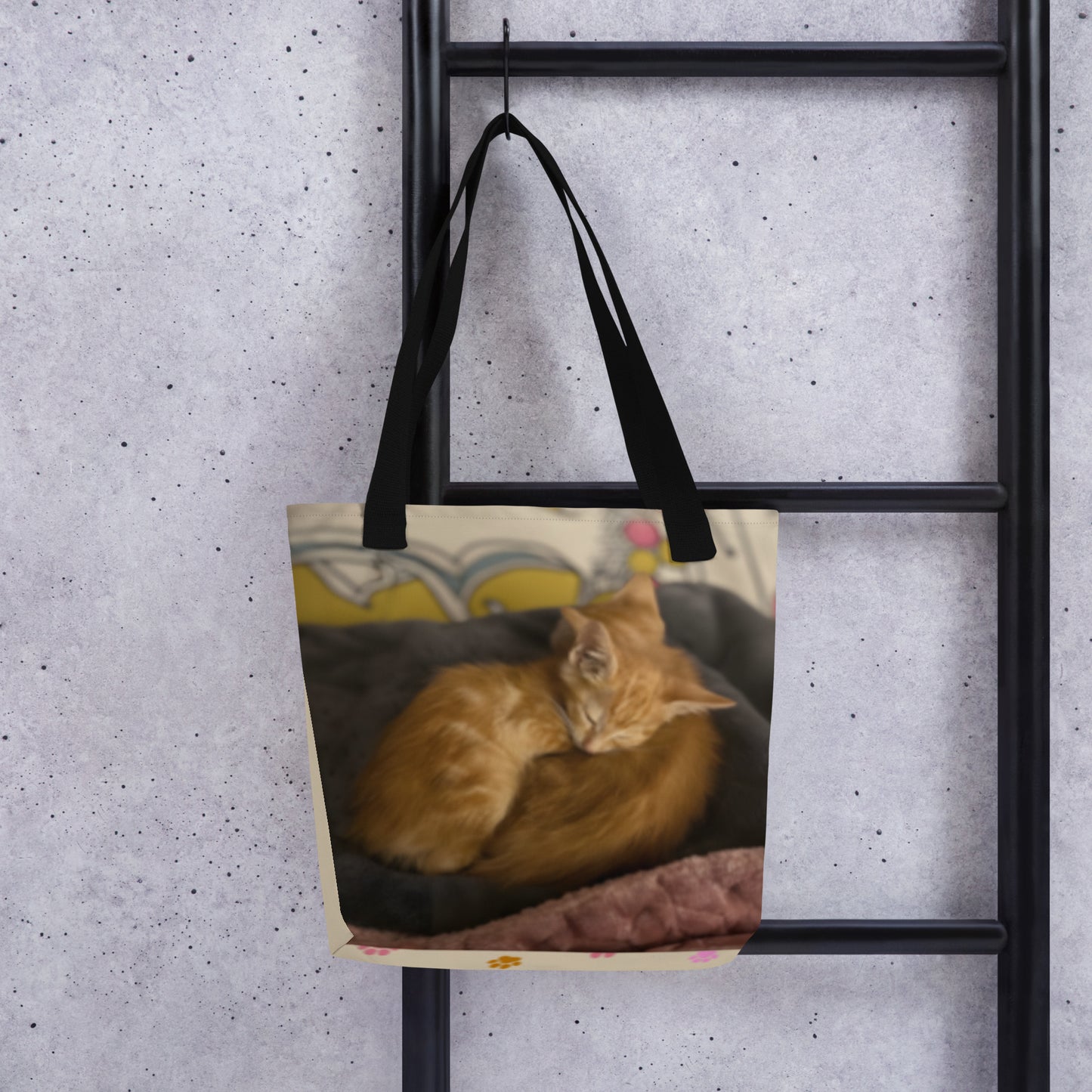 Custom pet art tote bag hanging on a ladder to show scale and style. A unique, bespoke accessory designed to bring your favorite pet memories to life.