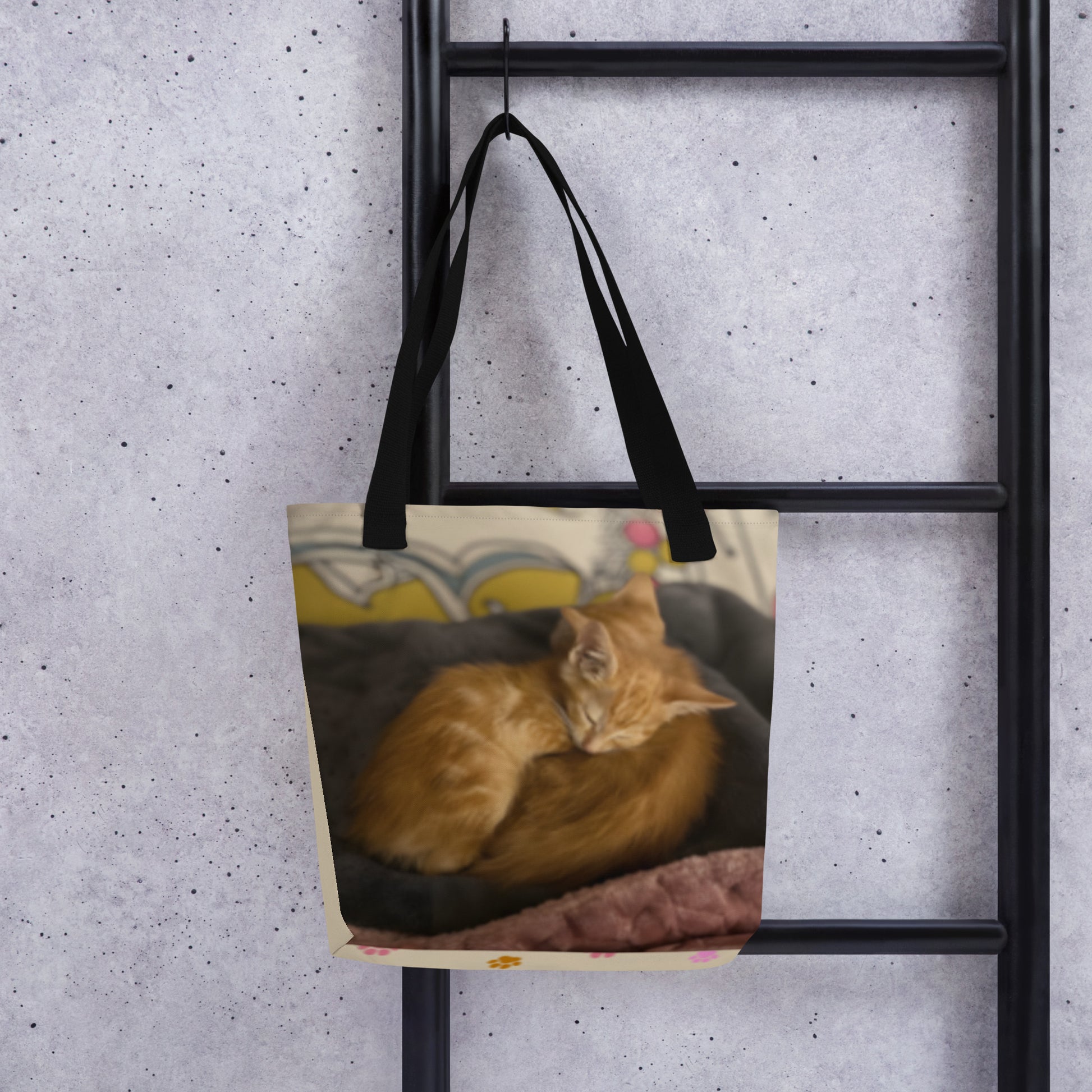 Custom pet art tote bag hanging on a ladder to show scale and style. A unique, bespoke accessory designed to bring your favorite pet memories to life.