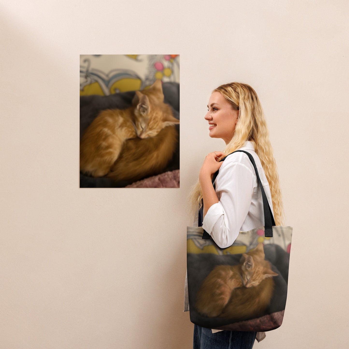 A woman wearing the bespoke pet art tote bag over her shoulder. This example showcases how your pet's photo can be transformed into a stylish, meaningful accessory.