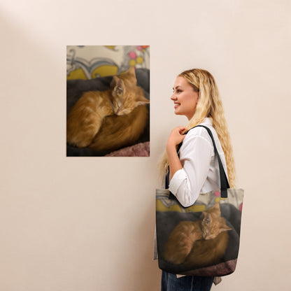 A woman wearing the bespoke pet art tote bag over her shoulder. This example showcases how your pet's photo can be transformed into a stylish, meaningful accessory.