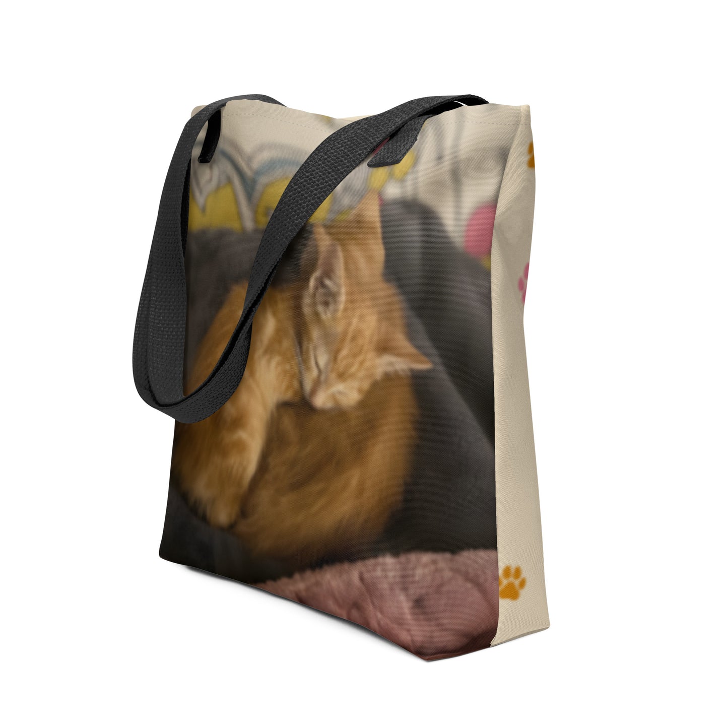 Side perspective of the all-over print custom tote bag. Durable, high-quality fabric ensures a beautiful and functional gift for any pet lover.