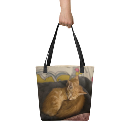 15"x15" all-over print tote bag featuring an example bespoke scene of 2 sleeping ginger kittens. We transform your pet's photo into a unique, meaningful design for the proud parent and their non-human family.