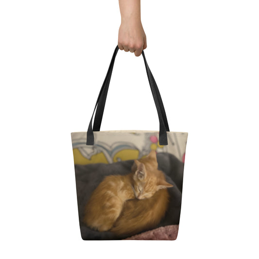 15"x15" all-over print tote bag featuring an example bespoke scene of 2 sleeping ginger kittens. We transform your pet's photo into a unique, meaningful design for the proud parent and their non-human family.