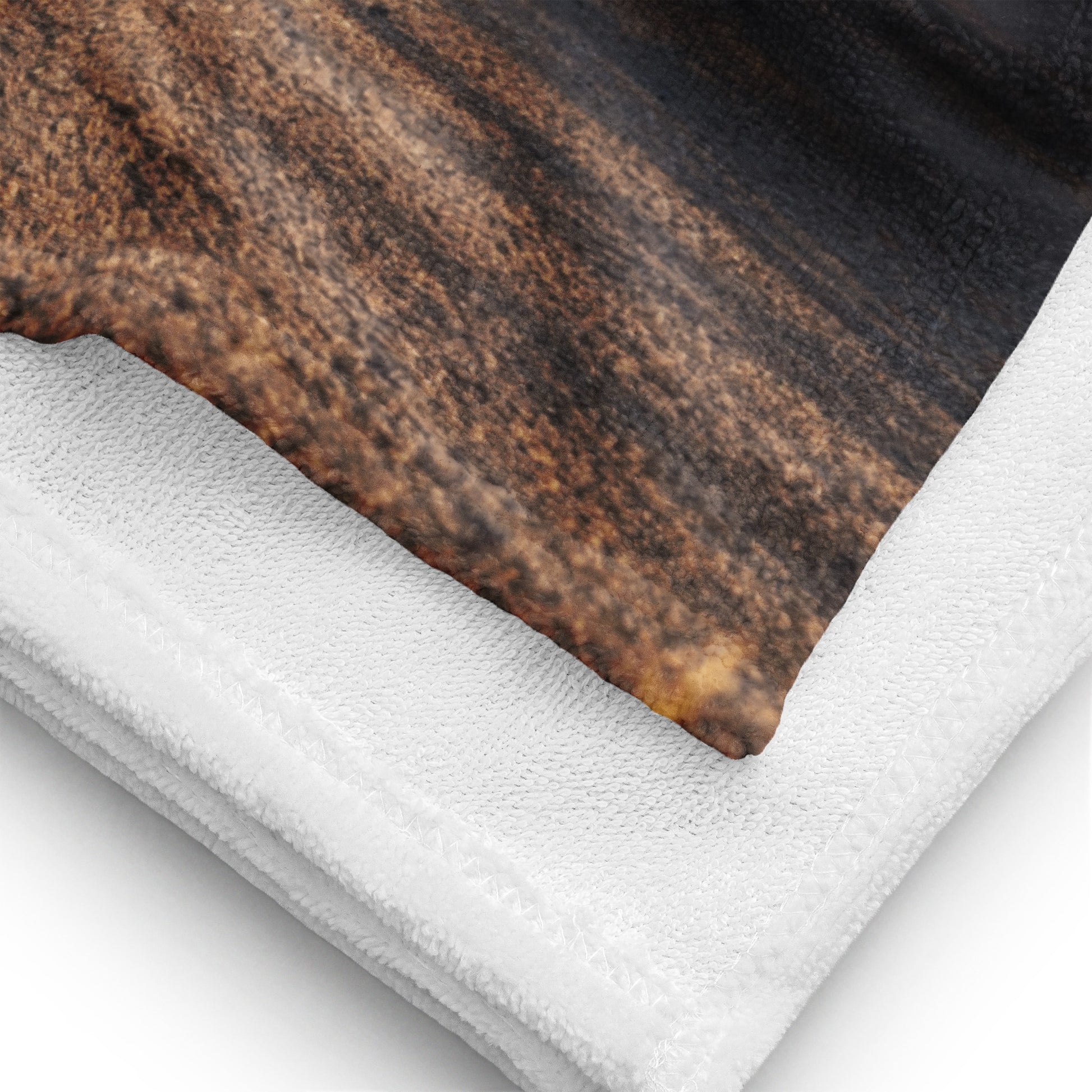 Close-up detail of the high-quality fabric on a custom beach towel. Your bespoke pet art is brought to life on premium materials for the devoted parent.