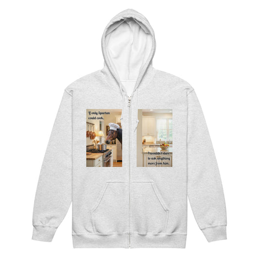 Unisex heavy blend zip hoodie featuring a bespoke pet art example split by the center zipper. In this example you see a horse cooking and it says "If only Spartan could cook, I wouldn't dare to ask anything more from him." We transform your photos into unique scenes for the proud parent showing-off their non-human family.