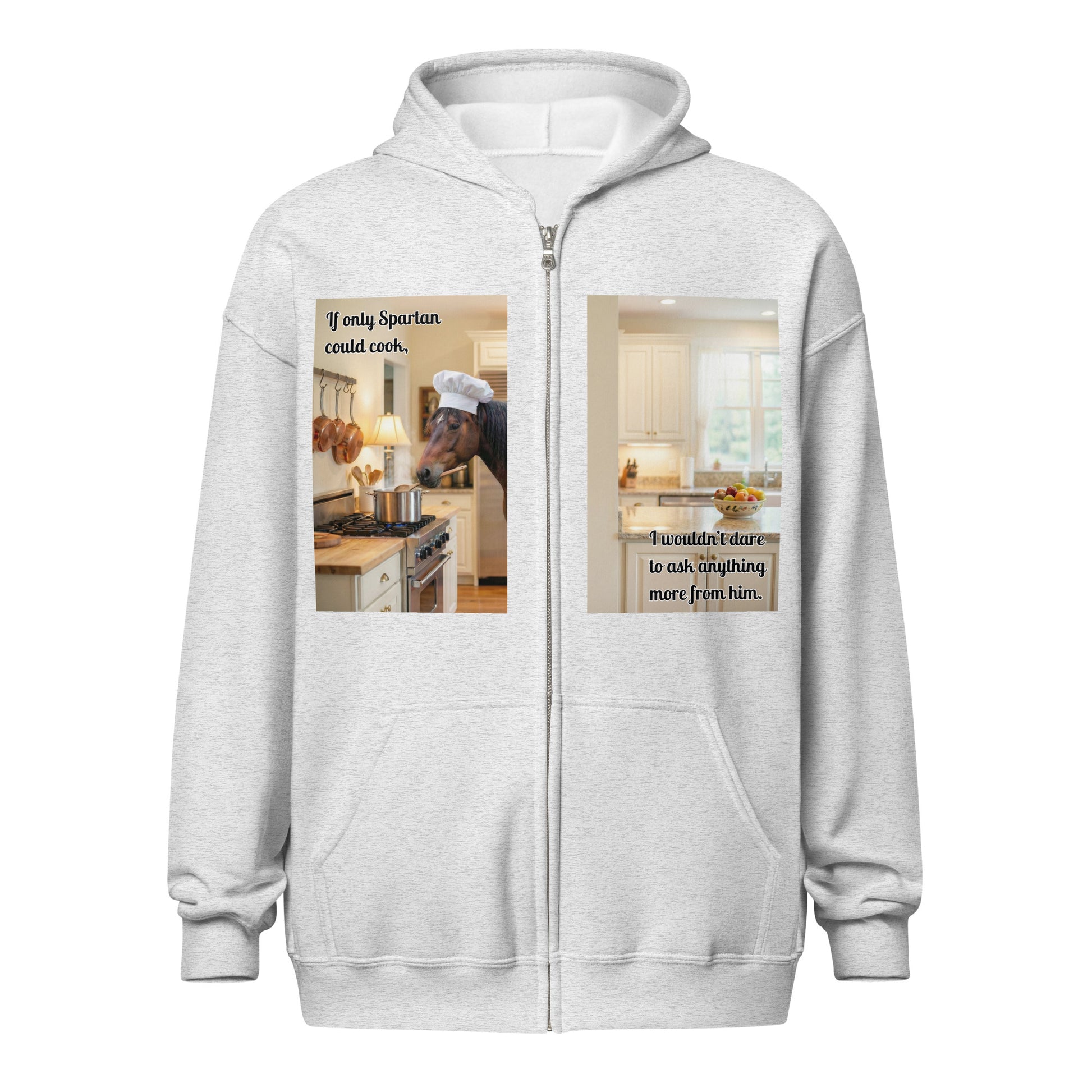 Front view of the custom zip-up hoodie showcasing how the designed art is featured on both sides of the zipper. Available in sizes S to 3XL for every devoted parent.