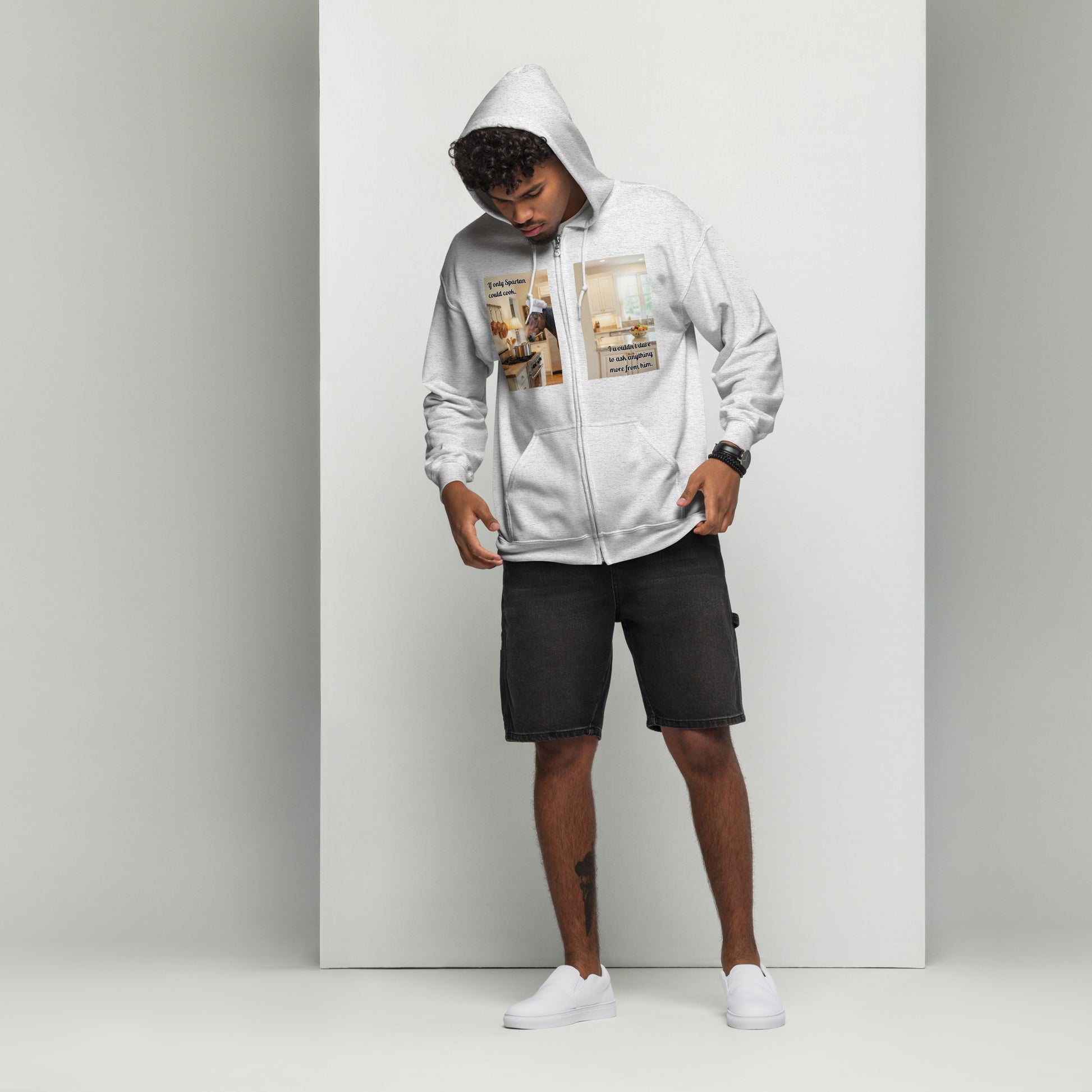 Lifestyle view of the bespoke pet art zip hoodie. We bring your unique scenes to life on comfortable, durable apparel for you and your cherished non-human family.