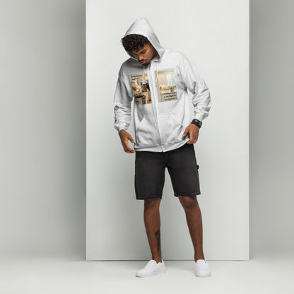 Lifestyle view of the bespoke pet art zip hoodie. We bring your unique scenes to life on comfortable, durable apparel for you and your cherished non-human family.