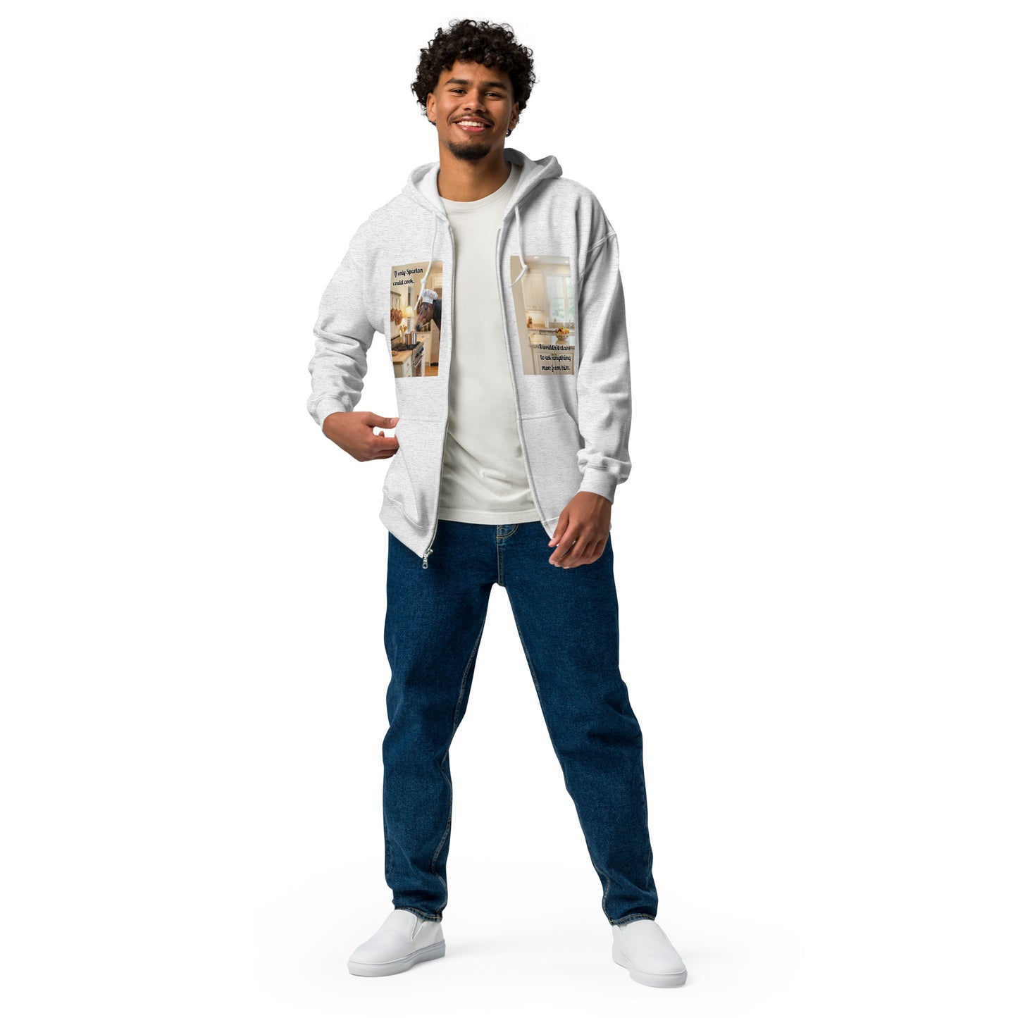 Male model wearing the unisex heavy blend zip hoodie featuring a bespoke pet illustration. A meaningful gift designed to celebrate your non-human family member.