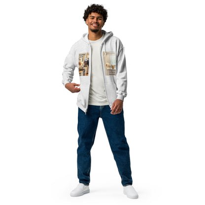 Male model wearing the unisex heavy blend zip hoodie featuring a bespoke pet illustration. A meaningful gift designed to celebrate your non-human family member.