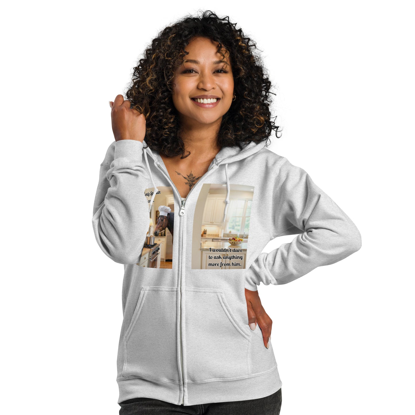 Female model showcasing the fit of the custom zip-up hoodie with a personalized pet scene. High-quality apparel designed specifically for the proud pet parent.