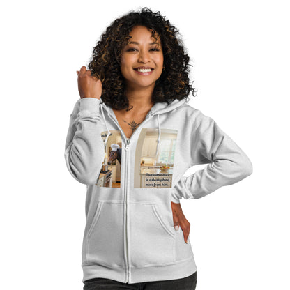 Female model showcasing the fit of the custom zip-up hoodie with a personalized pet scene. High-quality apparel designed specifically for the proud pet parent.